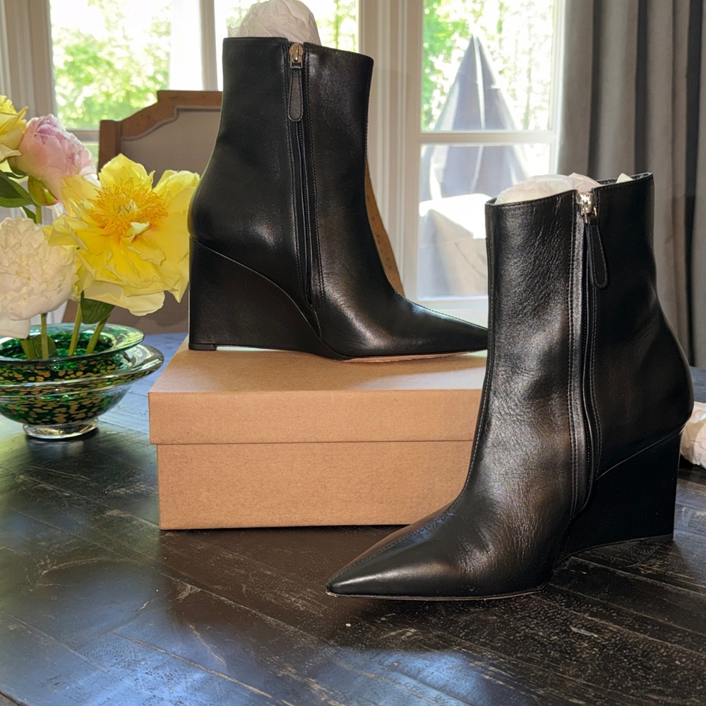 Anthropologie Black Leather Pointed Wedge Ankle Boots
